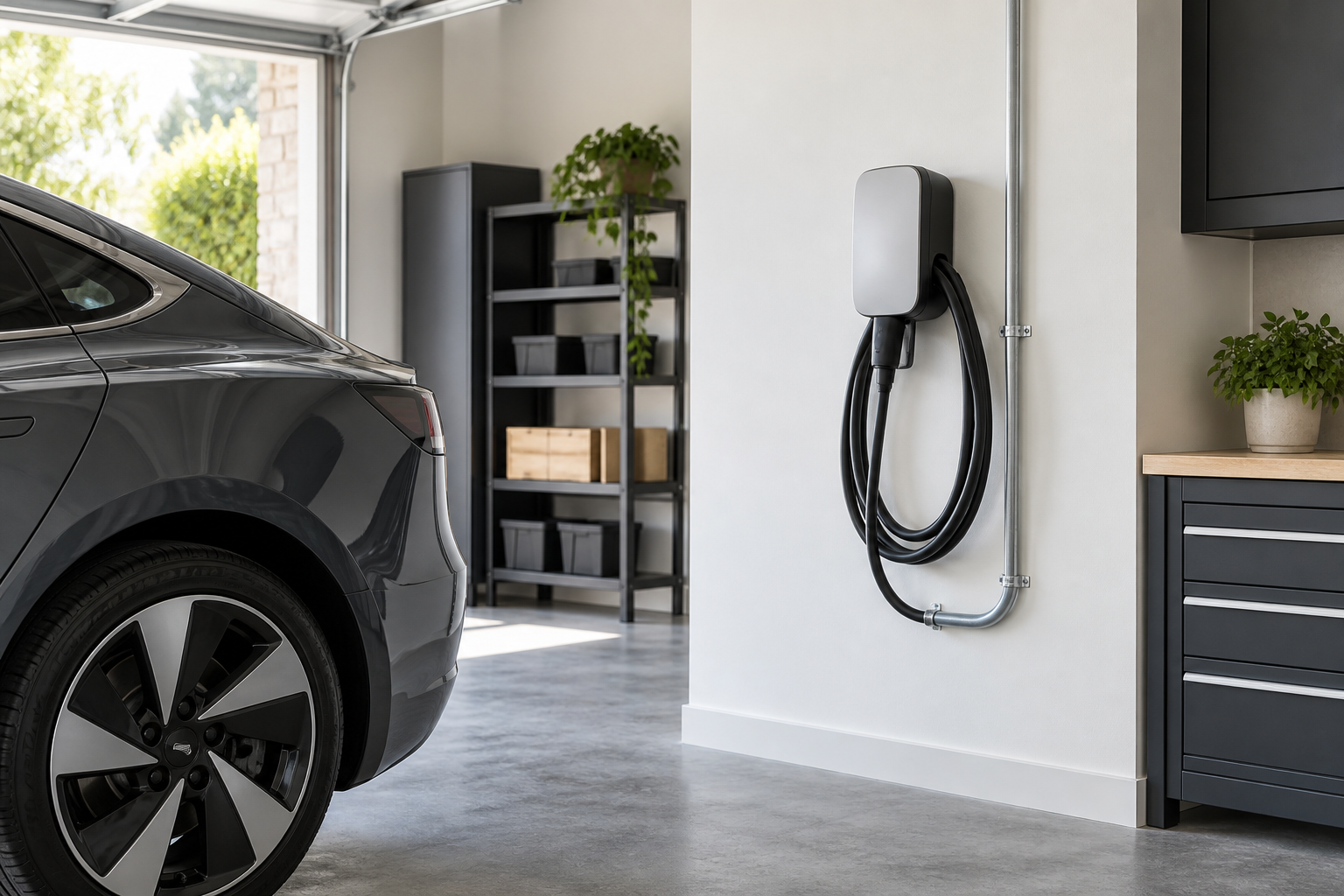 Level 2 EV charger professionally installed in a residential garage