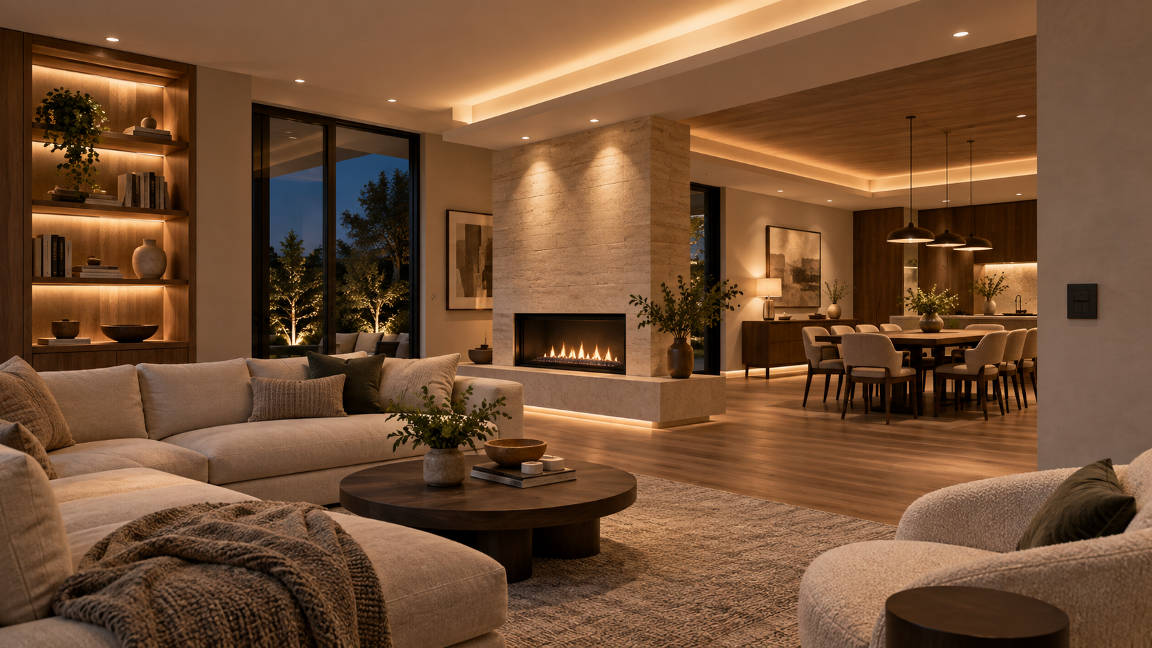 Warm modern living room with layered architectural lighting